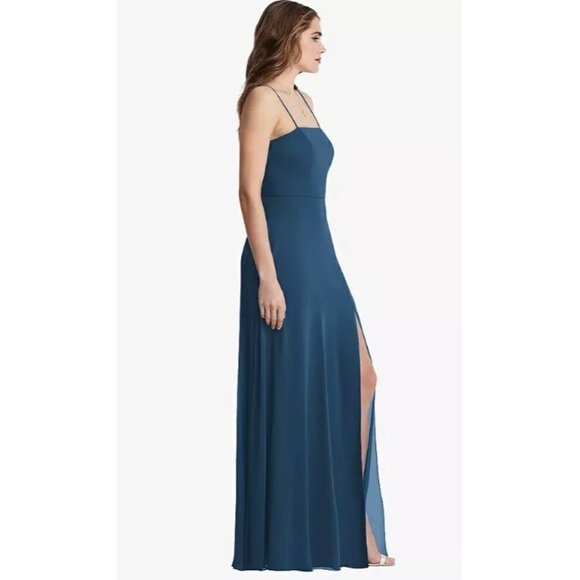 NEW $187 Lovely Womens 14 Square Neck Chiffon Maxi Dress Dusk Blue Gown - Picture 3 of 11